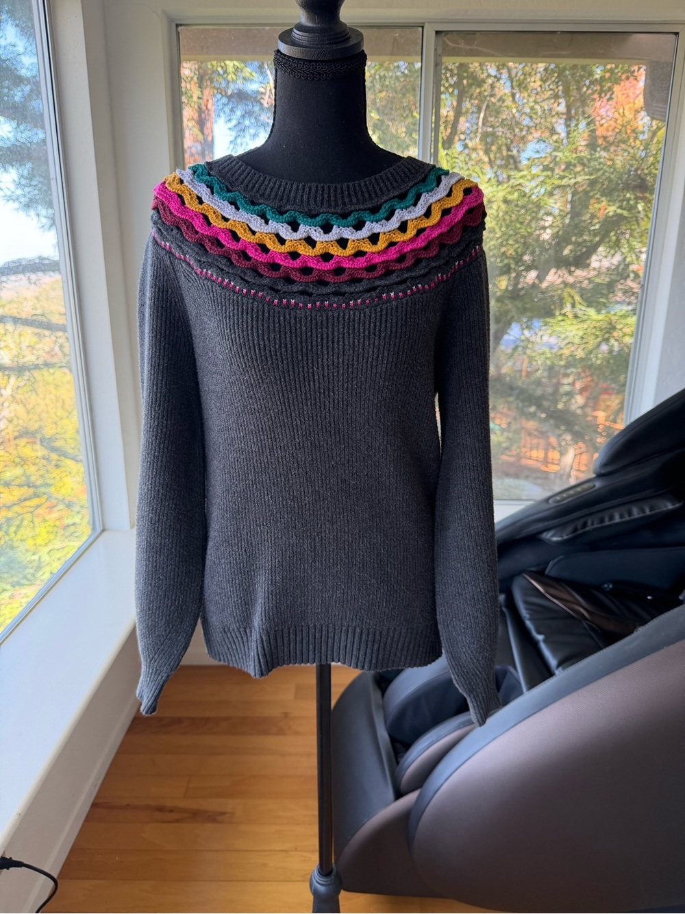 Anthropologie Gray Crochet Yoke Ribbed Cotton Blend Sweater XS